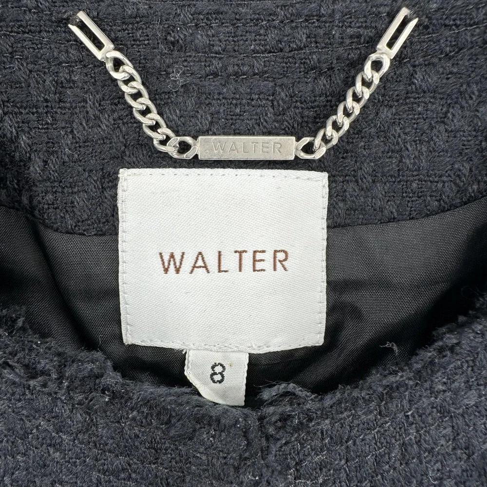 Walter Jacket Womens 8 Black‎ Collarless Open Front Tweed Boucle Fringe Pockets